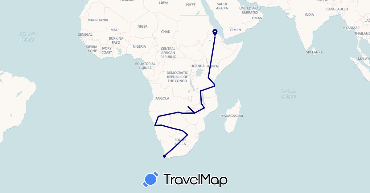 TravelMap itinerary: driving in Botswana, Ethiopia, Malawi, Namibia, Tanzania, South Africa, Zambia, Zimbabwe (Africa)