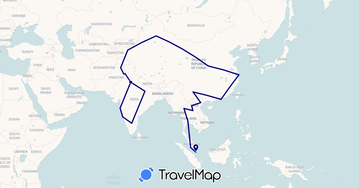 TravelMap itinerary: driving in China, India, Laos, Malaysia, Pakistan, Singapore, Thailand, Vietnam (Asia)